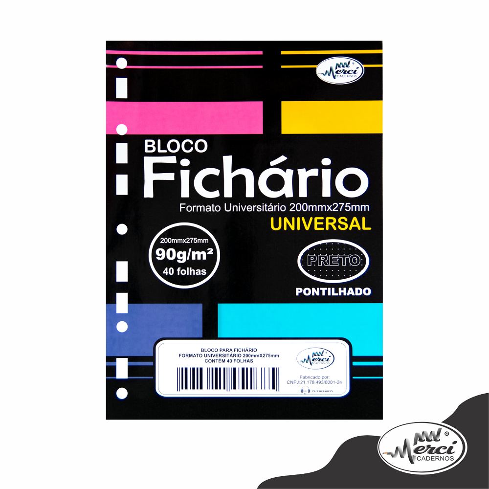 Bloco Refil Fichario Universitario Preto Pontilhado Universal 90g Merci 6213