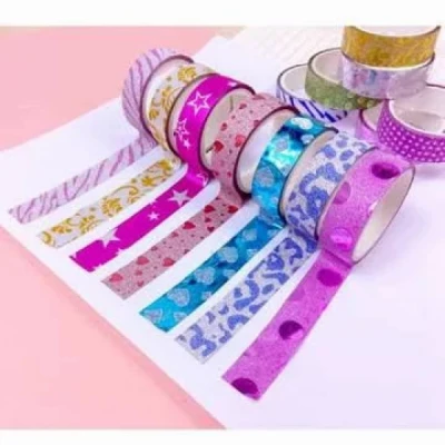 Fita Adesiva Washi Tape Glitter Decorada - embalagem 05 Rolos Sortidos