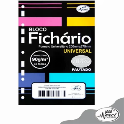 Bloco Refil Fichario Universitario  Cinza Pautado  - Universal  90g - Merci