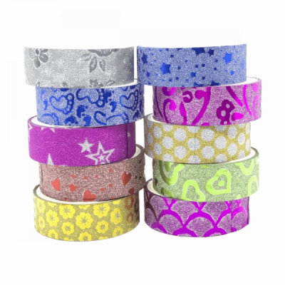 Fita Adesiva Washi Tape Glitter Decorada- Embalagem 09 Rolos sortidos