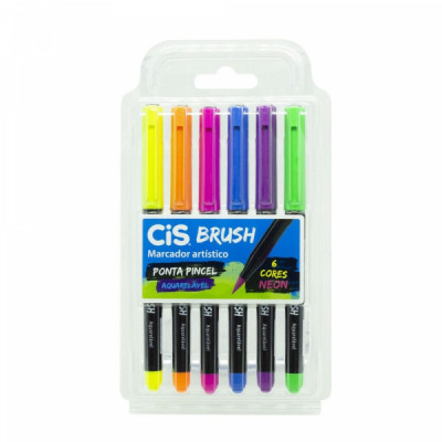 Marcador Brush Pen Aquarelável -  6 Cores Neon - Cis