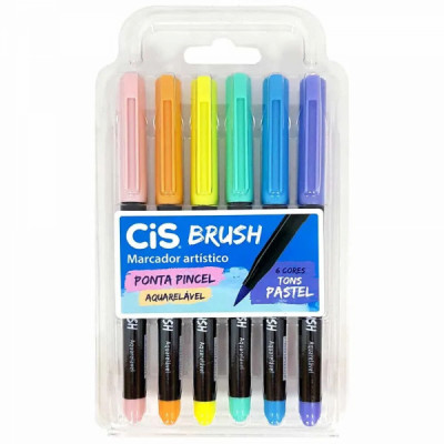 Marcador Brush Pen Aquarelável -  6 Cores Tons Pastel - Cis