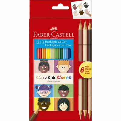 Lápis de Cor Faber Castell 12+3 Caras e Cores - 120112CC