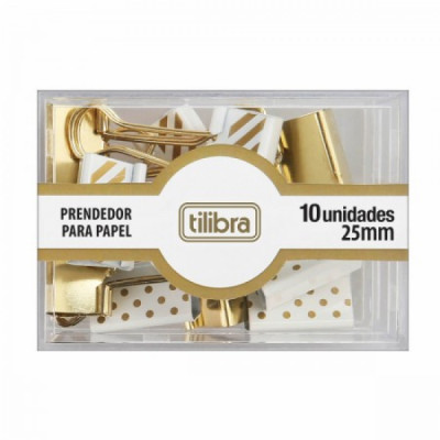 Prendedor de Papel - Dourado / Listras e Bolinhas - 25mm - 10 Unidades - Tilibra